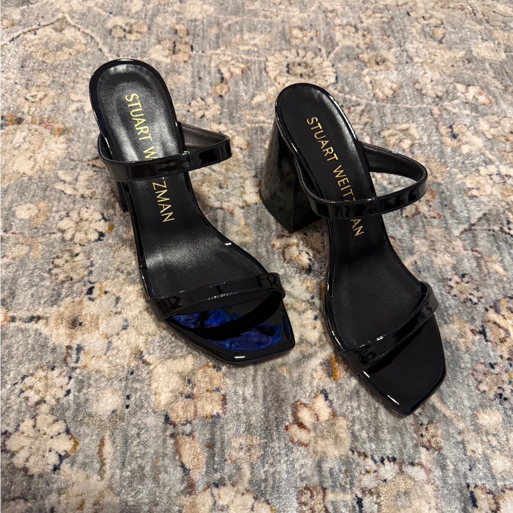 Stuart Weitzman Black Patent Two-Strap Block Heel Sandals - Picture 5 of 10